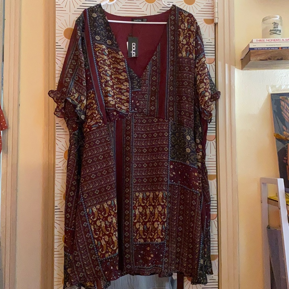 Boho Aztec ruffle smock dress